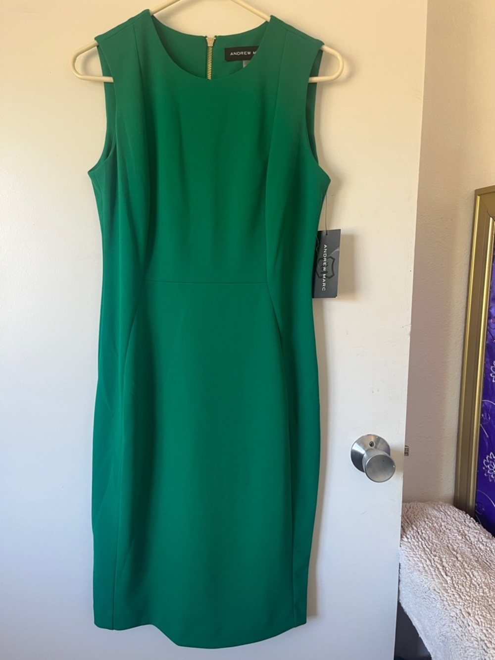 Andrew Marc Emerald Green jewel tone Sleeveless Sheath Dress with gold back zip